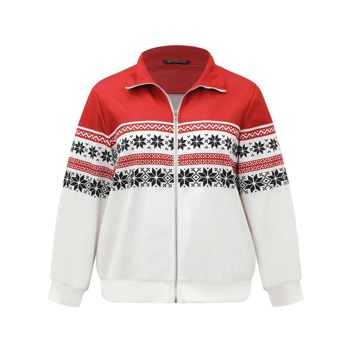 Plus Size Christmas Snowflake Zipper Contrast Jacket Women Red Contrast Dailywear Jackets BloomChic 14-16/1X Product Image