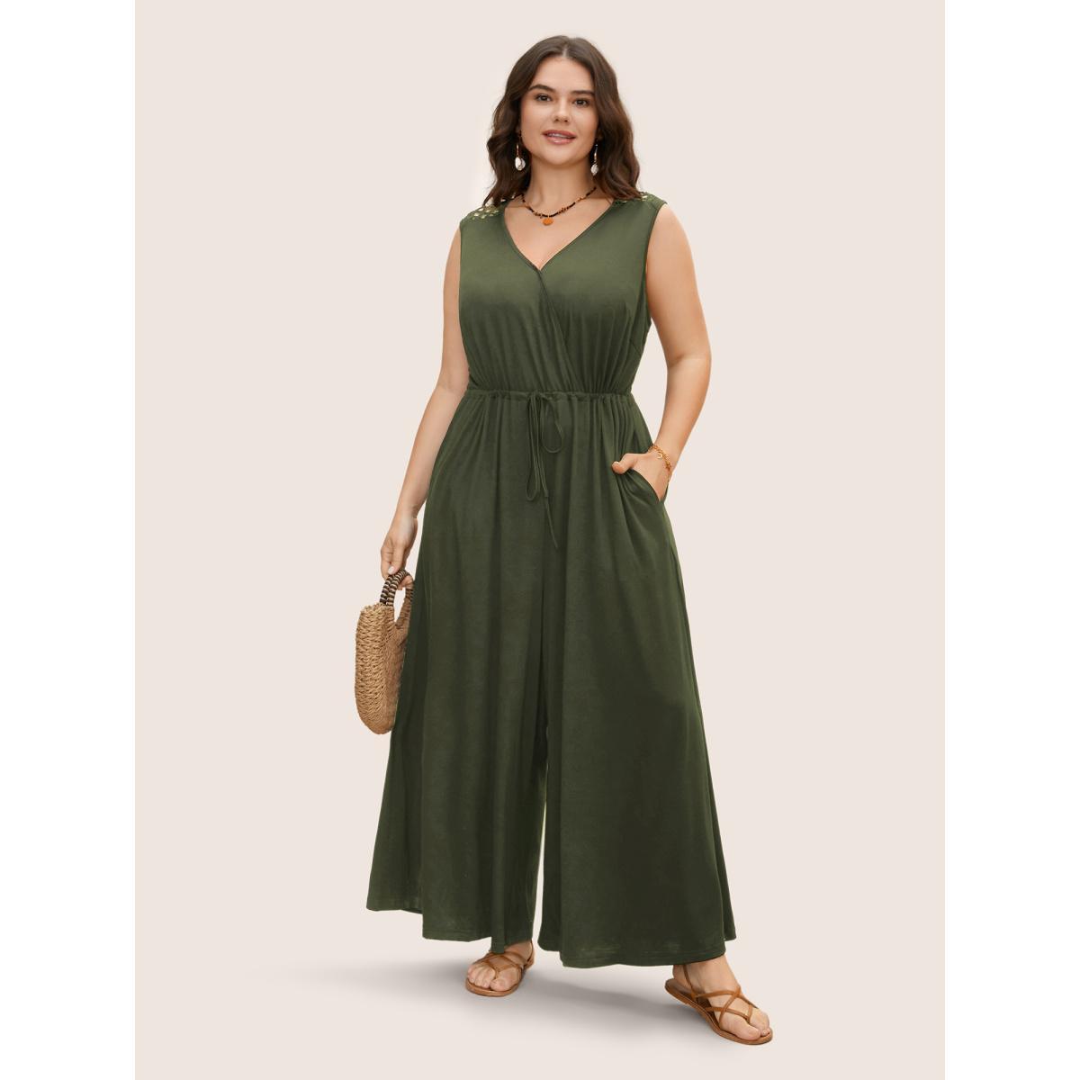 Plus Size ArmyGreen V Neck Crocheted Cut Out Jumpsuit Women Resort Sleeveless V-neck Vacation Loose Jumpsuits BloomChic 10/M Product Image