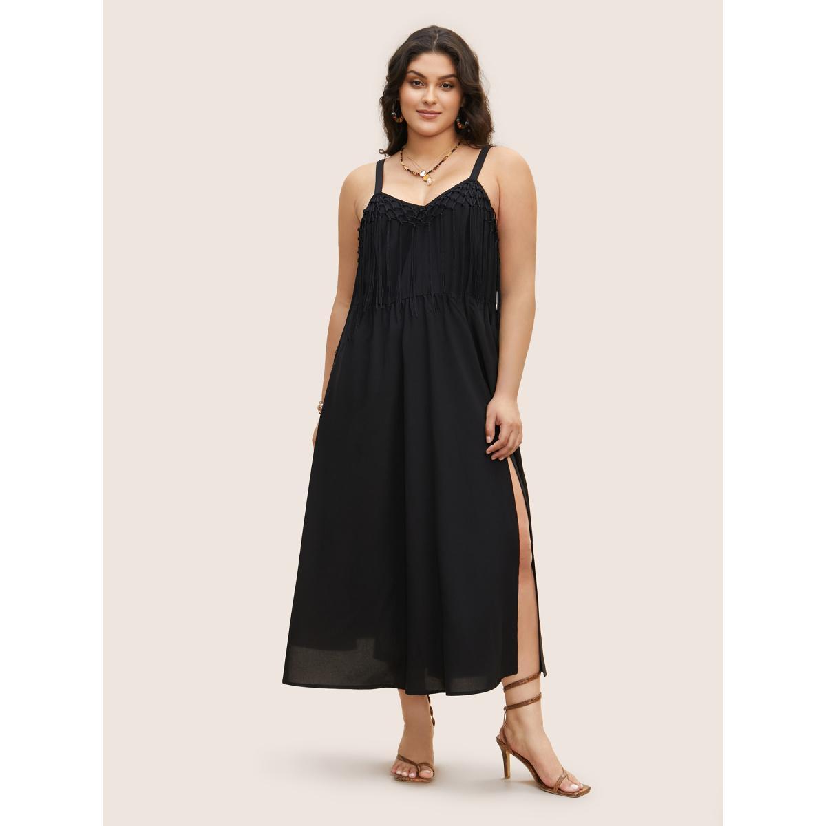 Plus Size Solid Tassel Trim Split Hem Cami Dress Black Women Resort Wraparound straps V-neck Sleeveless Curvy BloomChic 28/5X Product Image