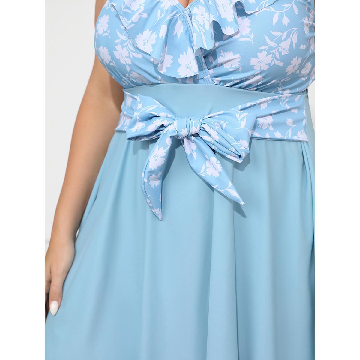 Plus Size Floral Patchwork Ruffle Trim Knot Front Swim Dress Women's Swimwear LightBlue Vacation Bodycon V-neck High stretch Curve Swim Dresses BloomChic 18-20/2X Product Image