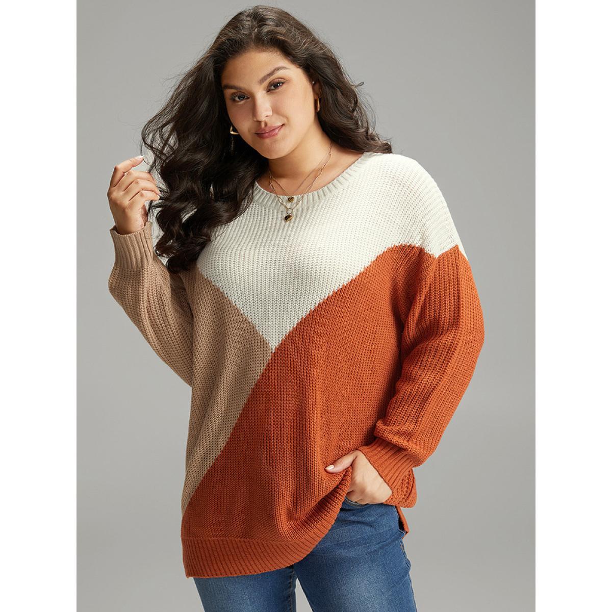 Plus Size Colorblock Split Side Drop Shoulder Pullover Multicolor Women Casual Loose Long Sleeve Round Neck Dailywear Pullovers BloomChic 22-24/3X Product Image