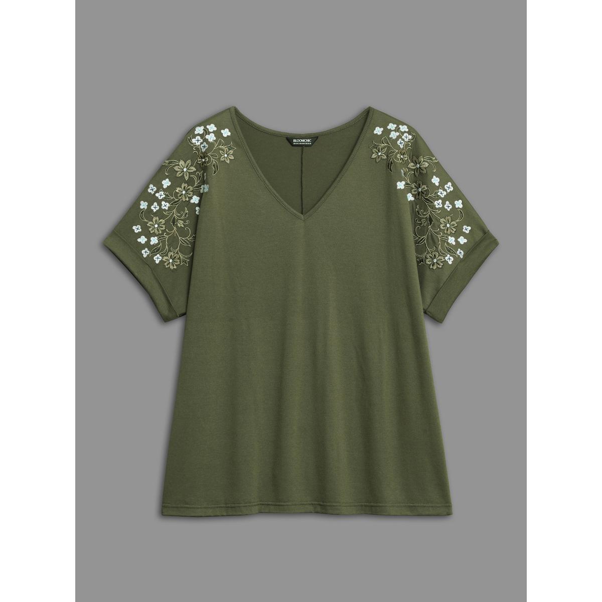 Plus Size Stretchy Embroidered Drop Shoulder T-Shirt ArmyGreen Women Elegant Roll Hem V-neck Everyday T-shirts BloomChic 14-16/1X Product Image
