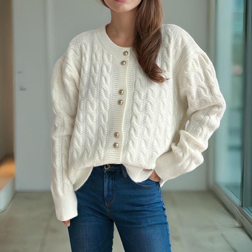Crew Neck Plain Cable Knit Button-Up Cardigan Product Image