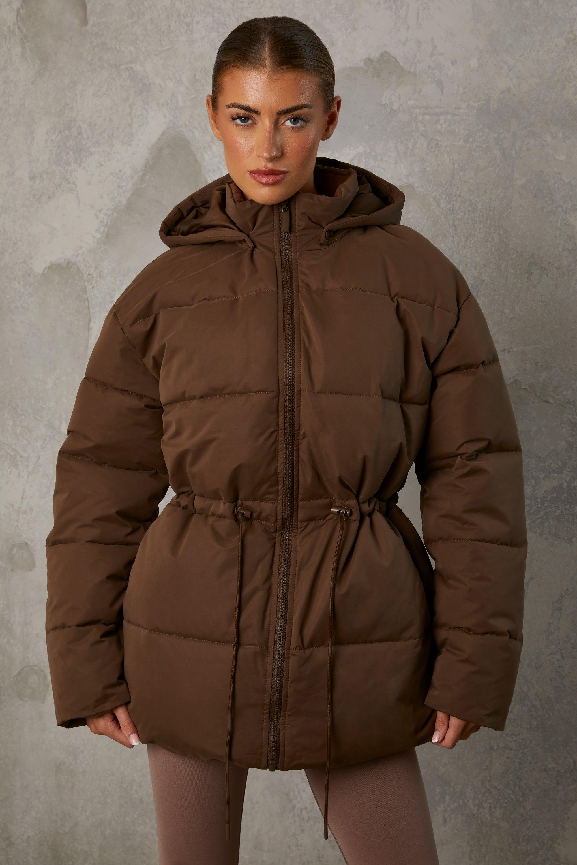 Mid Length Hooded Puffer Coat in Cocoa Brown Product Image