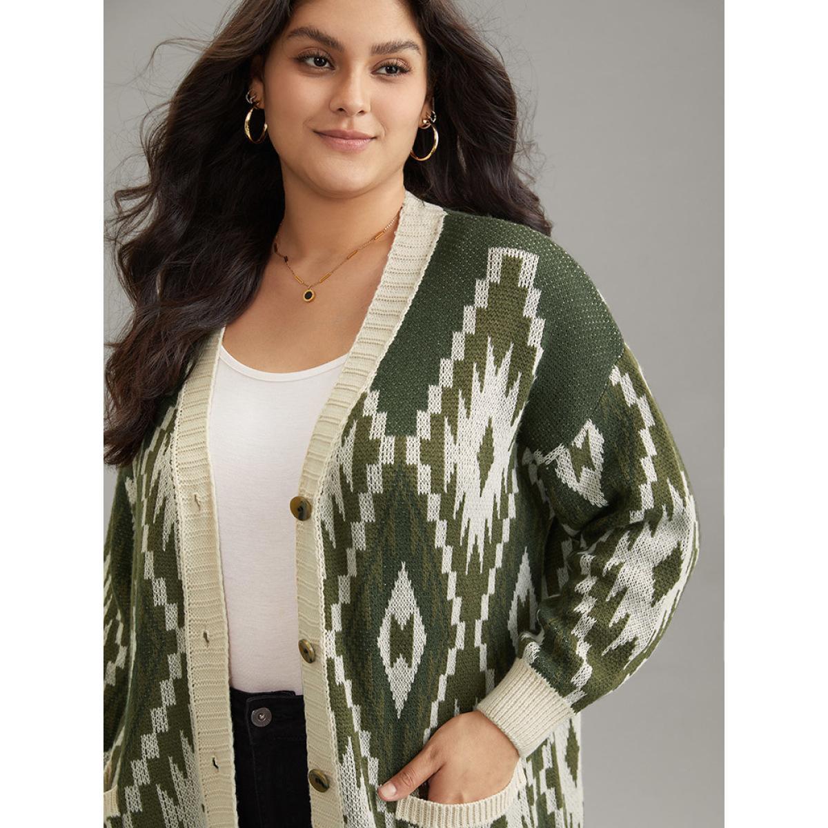 Plus Size Bandana Jacquard Button Through Patched Pocket Cardigan ArmyGreen Women Casual Loose Long Sleeve Dailywear Cardigans BloomChic 26/4X Product Image