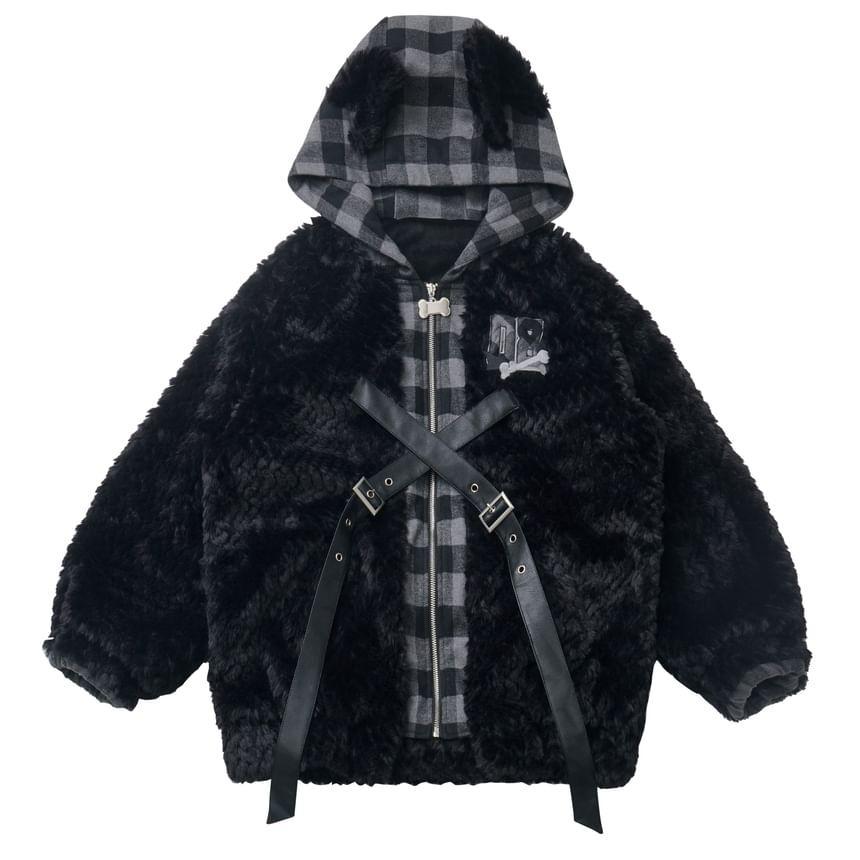 V-Neck Numbering Applique Buckled Fluffy Sweatshirt Product Image