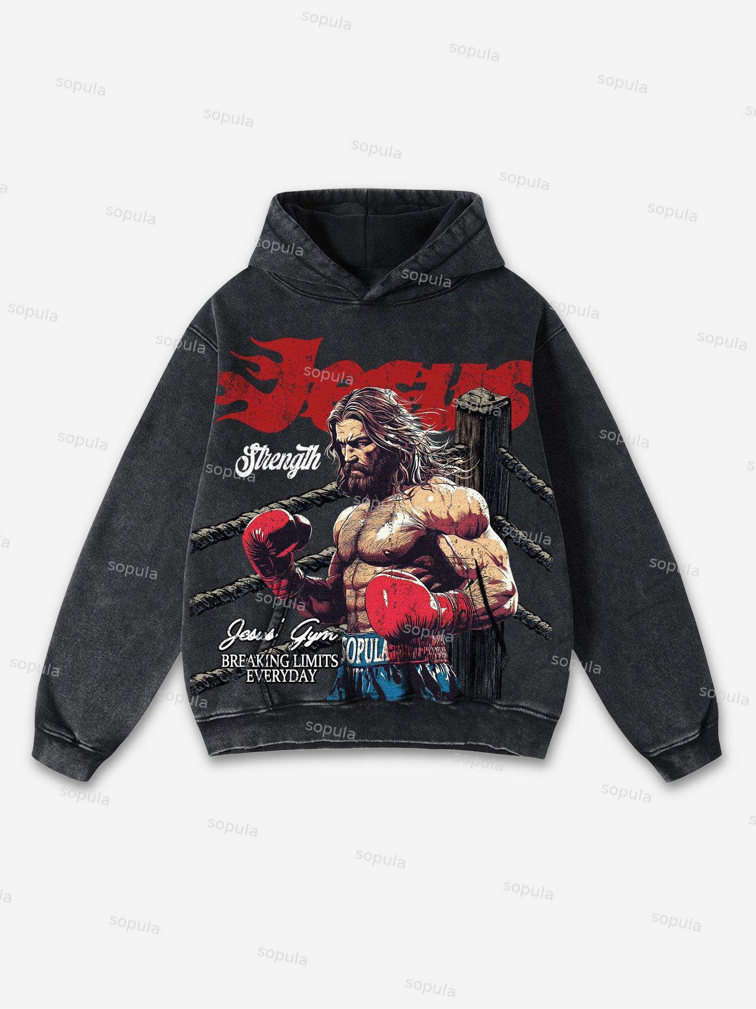 Jesus' Gym Boxer Graphic Print Washed Hoodie Product Image