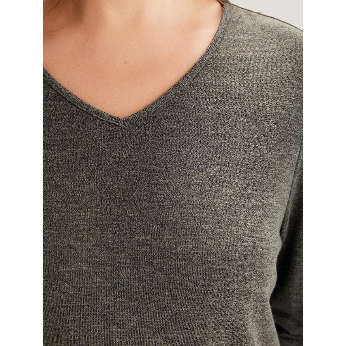 Plus Size Plain Heather Elastic Cuffs Button Detail T-shirt Gray Women Casual Elastic cuffs Plain V-neck Dailywear T-shirts BloomChic 10/M Product Image