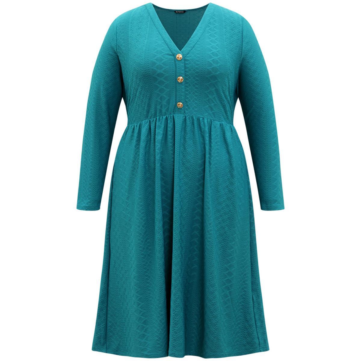 Plus Size Plain Textured Metal Detail V Neck Dress Cerulean Women Office Texture V-neck Long Sleeve Curvy Midi Dress BloomChic 10/M Product Image