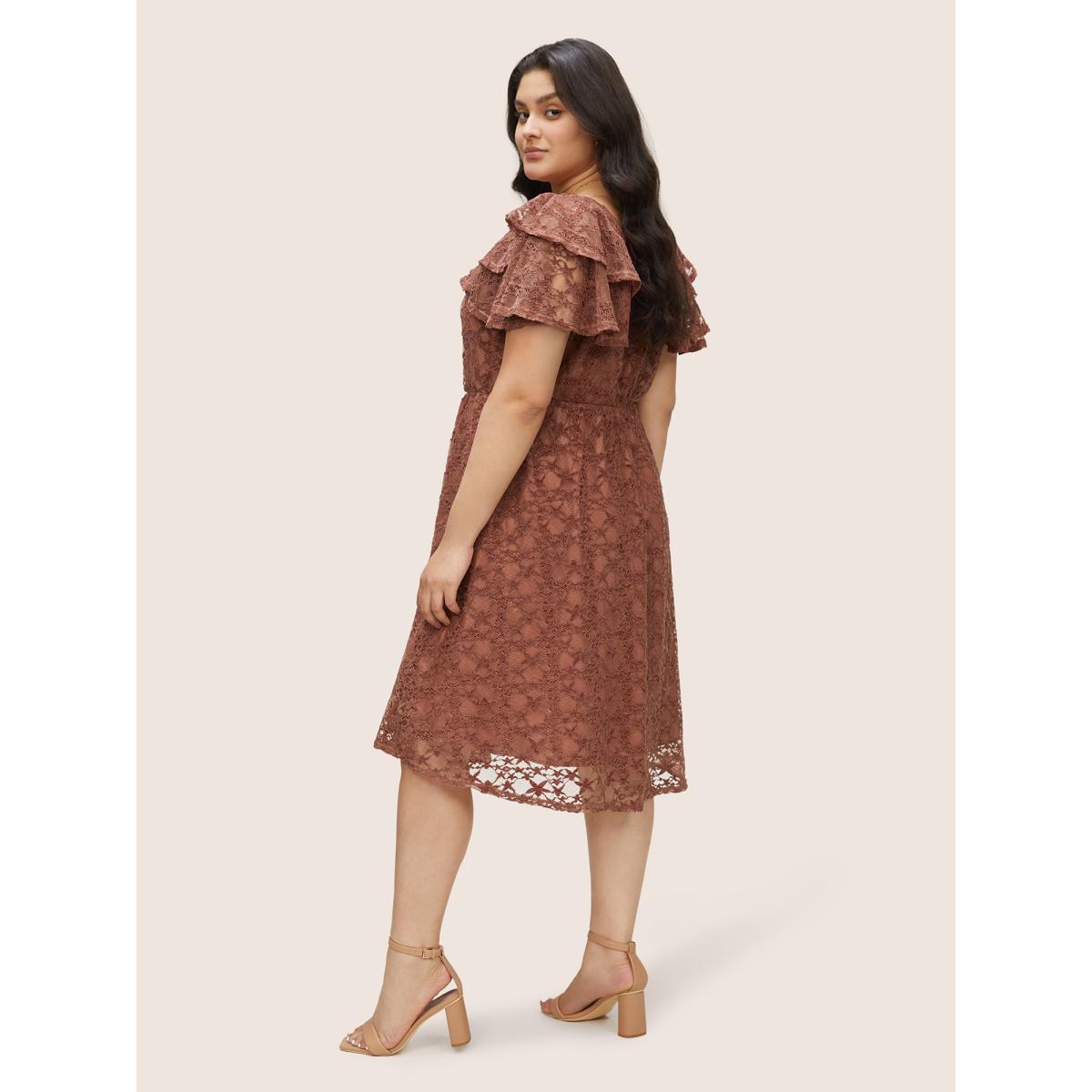 Plus Size Crochet Lace Mesh Tiered Ruffle Trim Dress Burgundy Women Elegant Texture V-neck Sleeveless Curvy Midi Dress BloomChic 26/4X Product Image