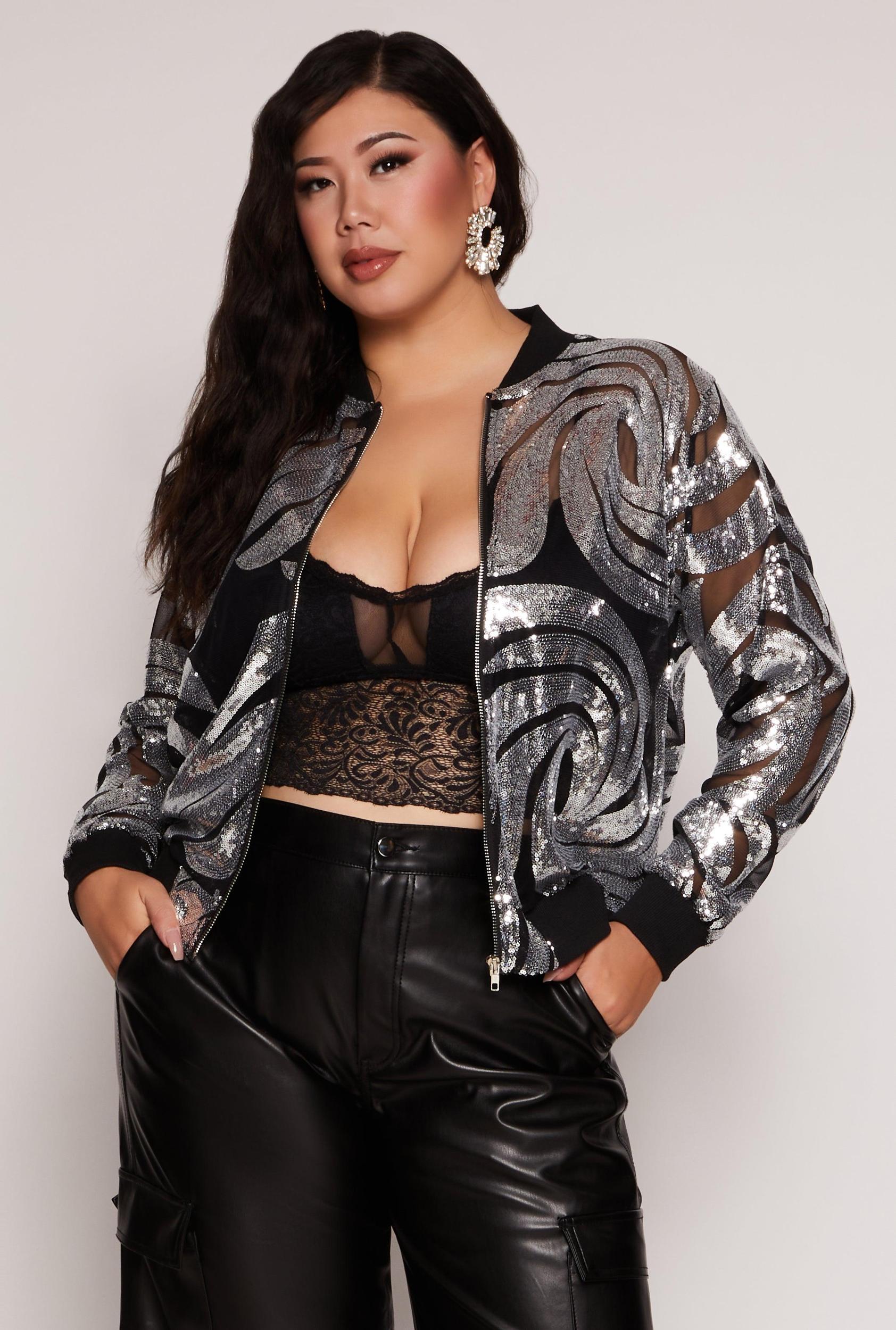 Womens Plus Size Sequin Patterned Mesh Jacket Product Image