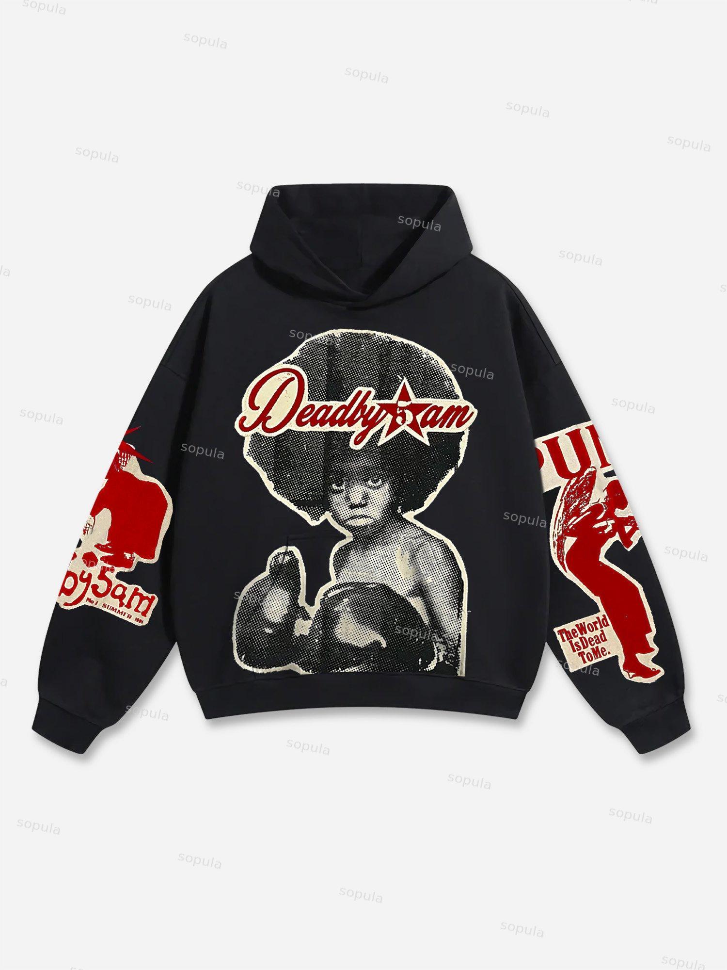 Vintage Boxer Patch Graphic Print Oversized Hoodie Product Image