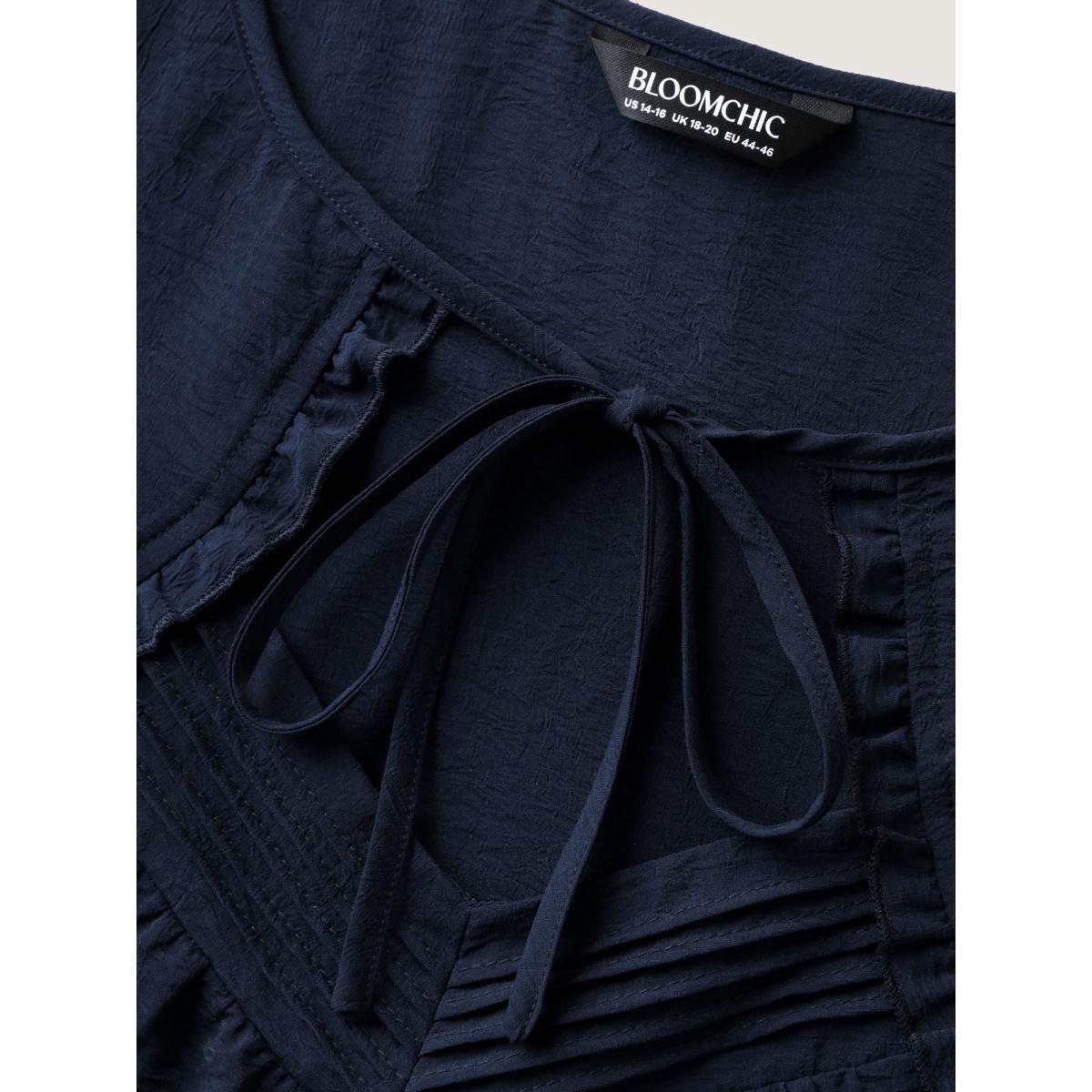 Plus Size Indigo Toothpick Pleated Neck Tie Solid Blouse Women Short sleeve Non Everyday-Elegant Blouses BloomChic 28/5X Product Image