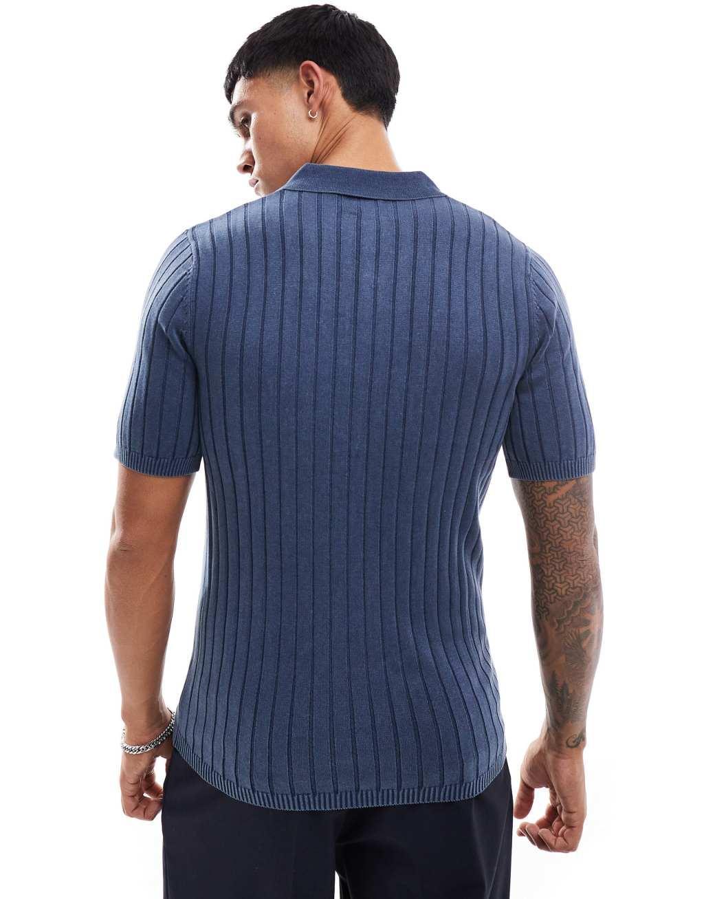 ASOS DESIGN muscle fit washed knitted wide rib polo in navy  Product Image