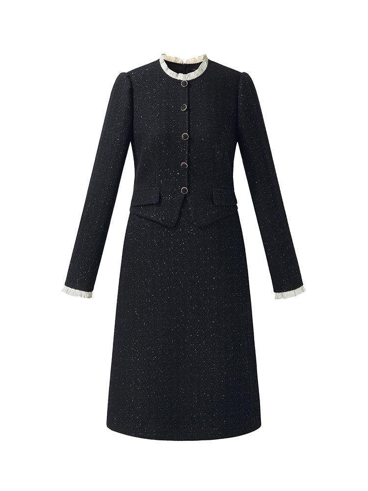Wool Blend Sequins Tweed Ruffle Collar Women Midi Dress Product Image