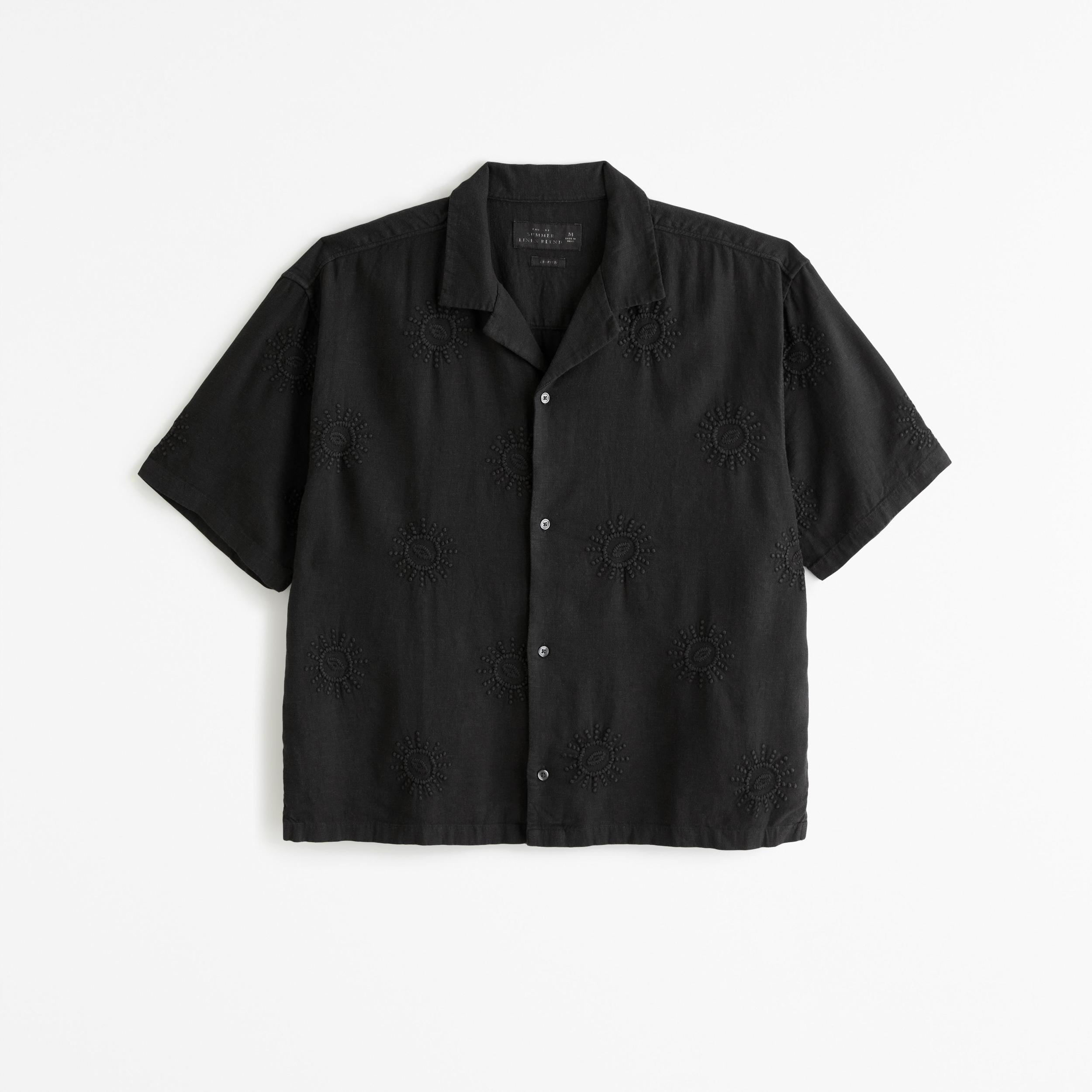 Camp Collar Cropped Summer Linen-Blend Embroidered Shirt Product Image