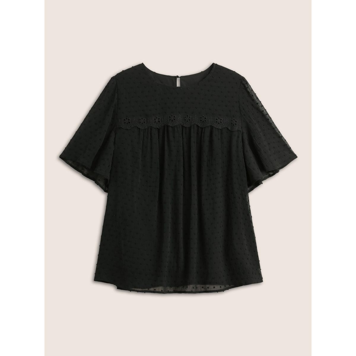 Plus Size Black Solid Texture Lace Trim See Through Gathered Blouse Women Elegant Short sleeve Round Neck Everyday Blouses BloomChic 30/6X Product Image