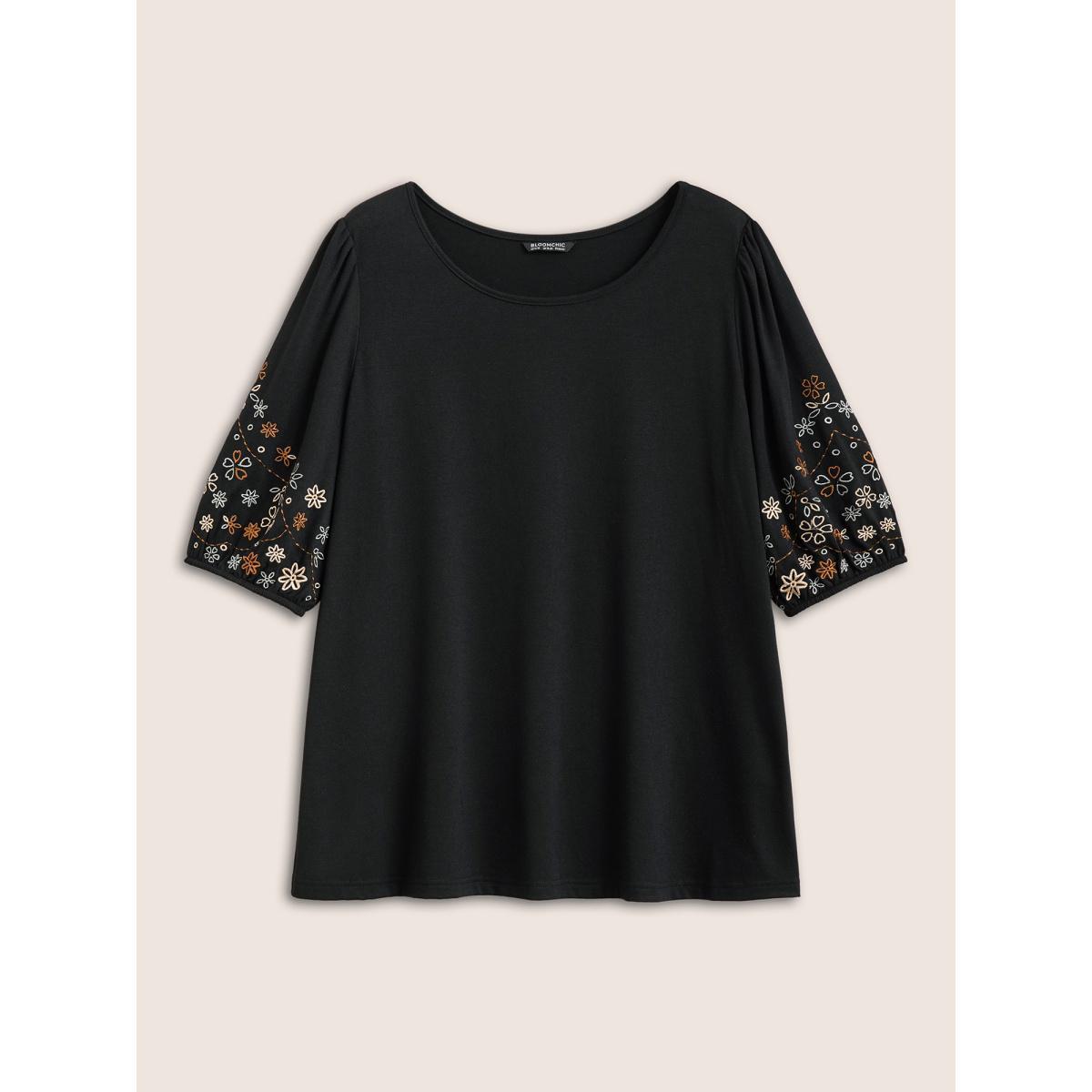 Plus Size Floral Embroidered Crew Neck Puff Sleeve T-shirt Black Women Elegant Embroidered Round Neck Everyday T-shirts BloomChic 18-20/2X Product Image