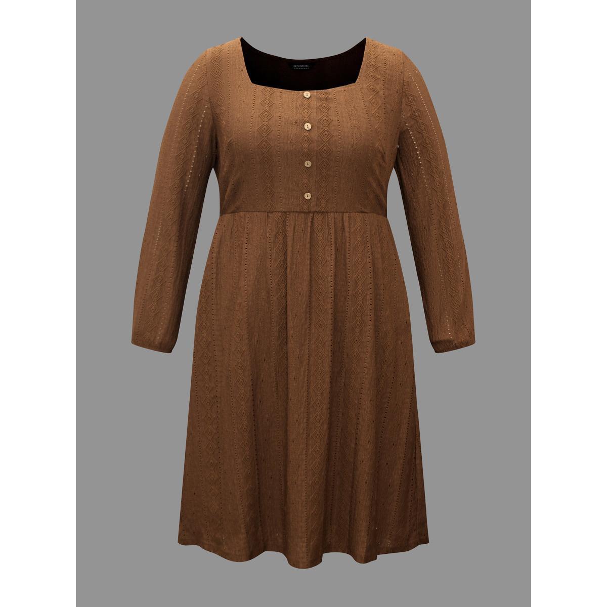 Plus Size Textured Button Detail Square Neck Knit Dress Browncoffeecolor Women Elegant Texture Knit Dresses Bloomchic 10/M Product Image