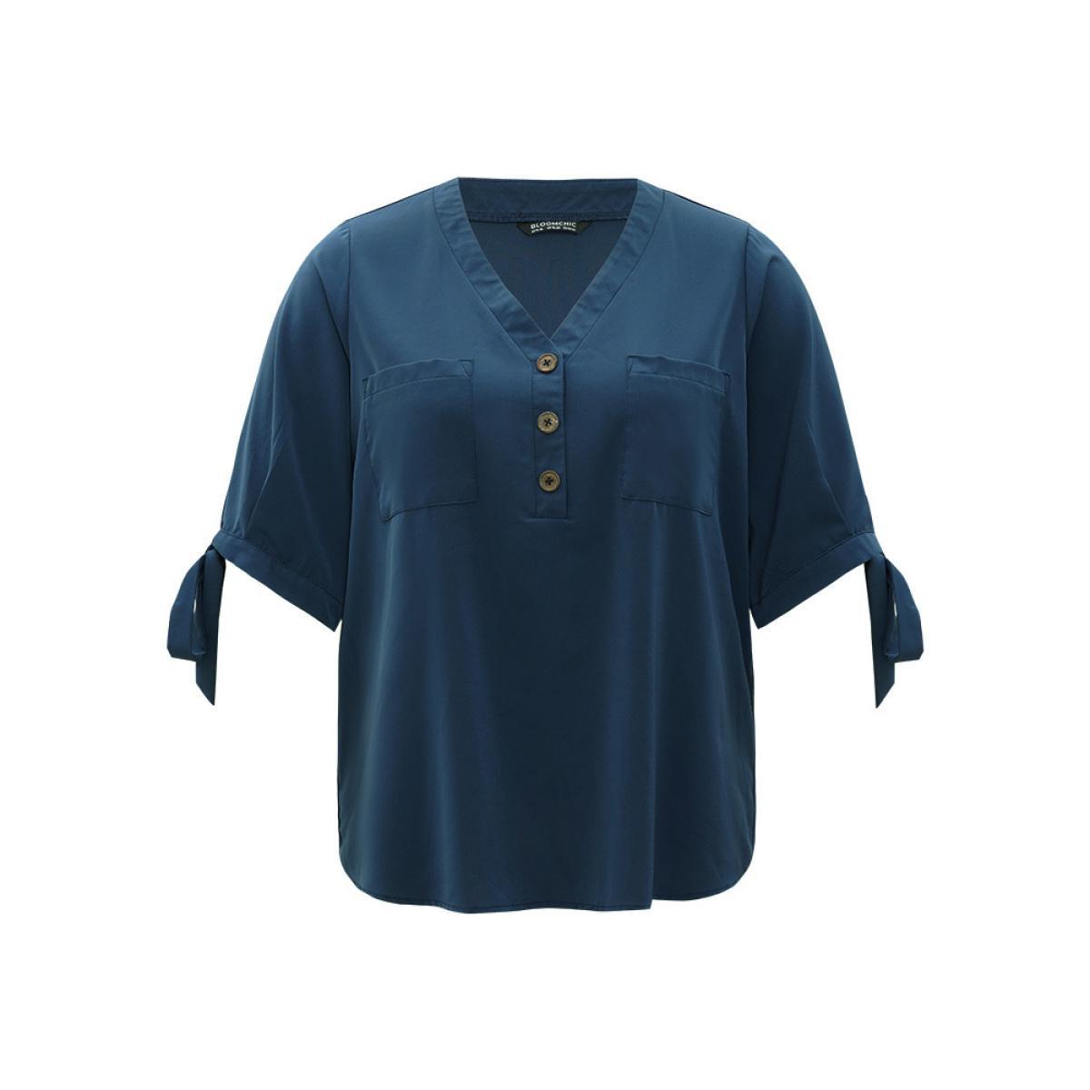 Plus Size Indigo Anti-Wrinkle Plain Button Up Knot V Neck Pocket Blouse Women Office Half Sleeve V-neck Dailywear Blouses BloomChic 14-16/1X Product Image