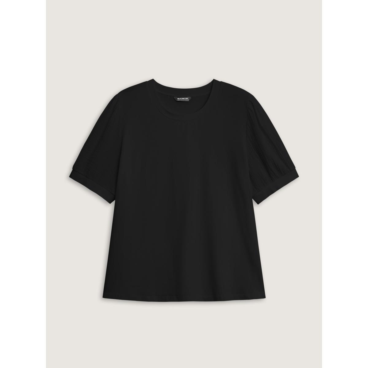 Plus Size Plain Textured Patchwork Lantern Sleeve T-Shirt Black Women Casual Texture Round Neck Everyday T-shirts BloomChic 30/6X Product Image