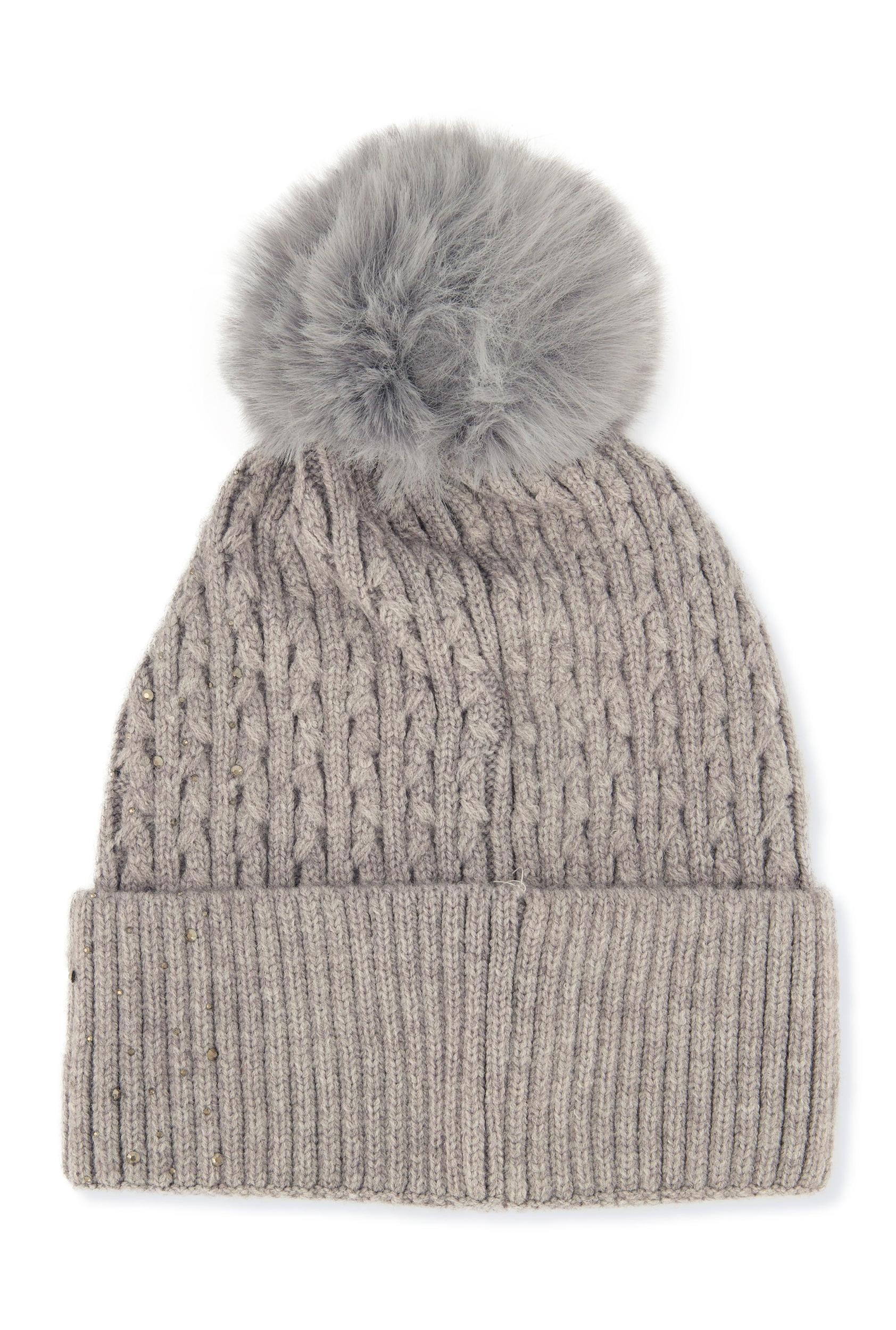 Rhinestone Cable Knit Pom Pom Beanie Female Product Image