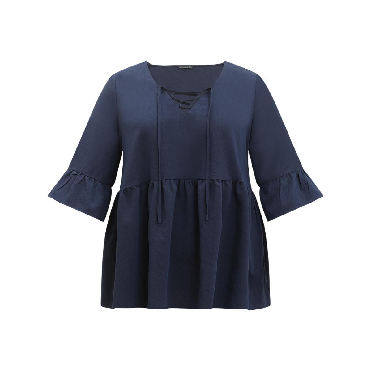 Plus Size Indigo Plain Lace Up Flutter Gathered Bell Sleeve Blouse Women Elegant Elbow-length sleeve Tie Neck Dailywear Blouses BloomChic 12/L Product Image