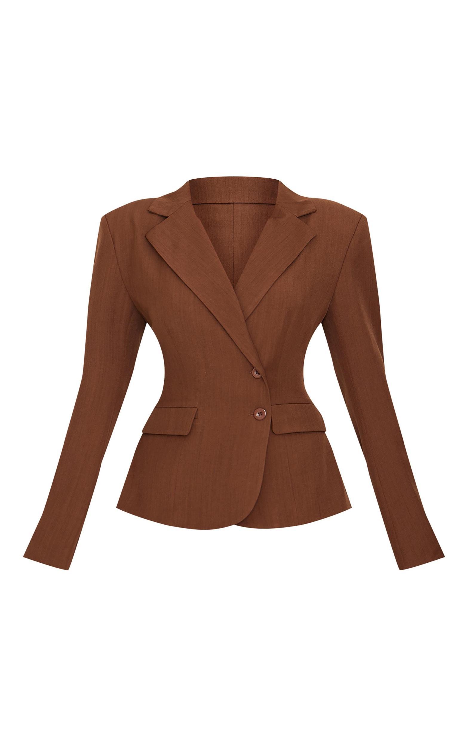 Chocolate Tailored Woven Plunge Cinched Waist Blazer Product Image