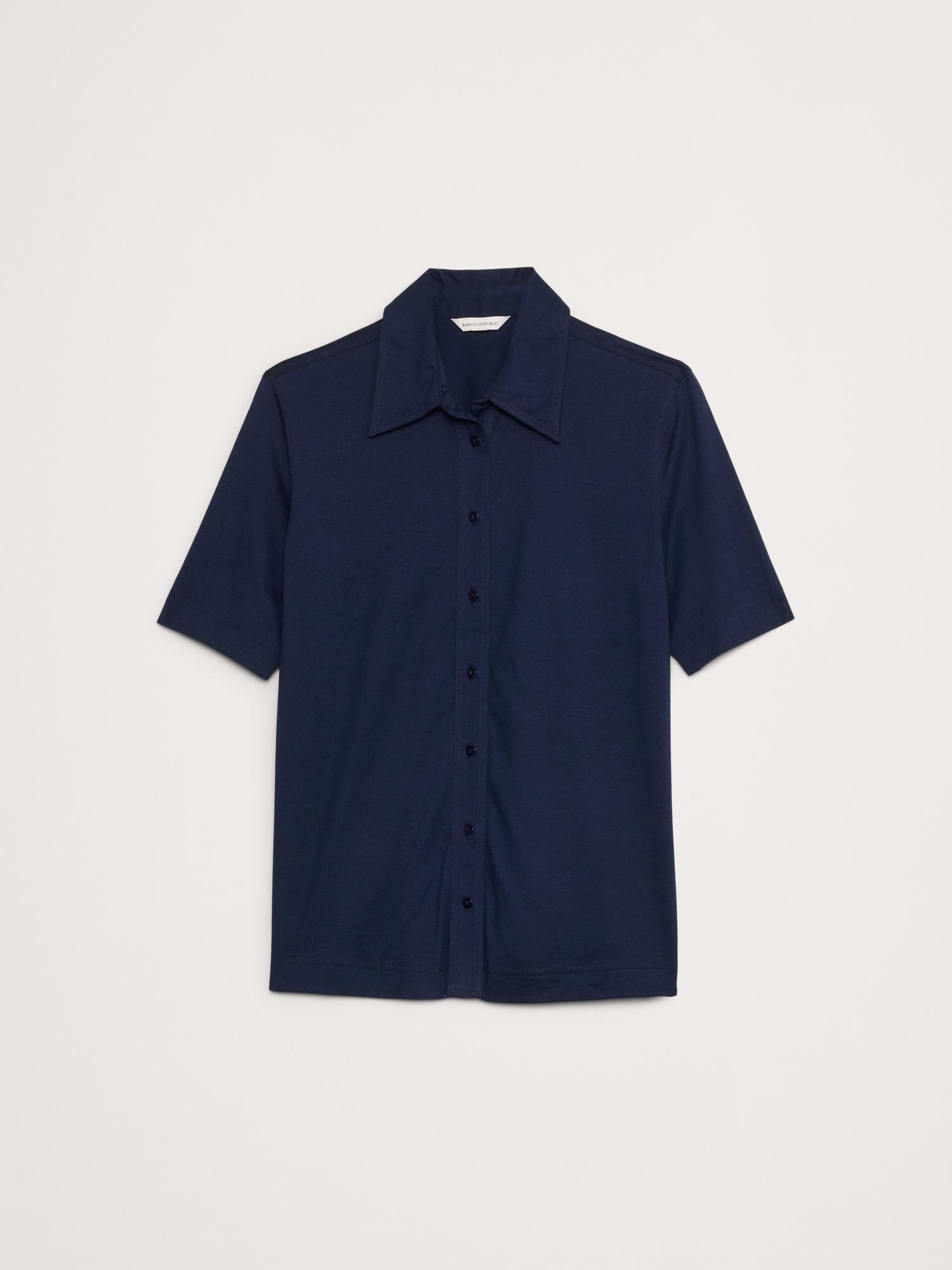 Silky Cotton Short-Sleeve Button-Down Top Product Image