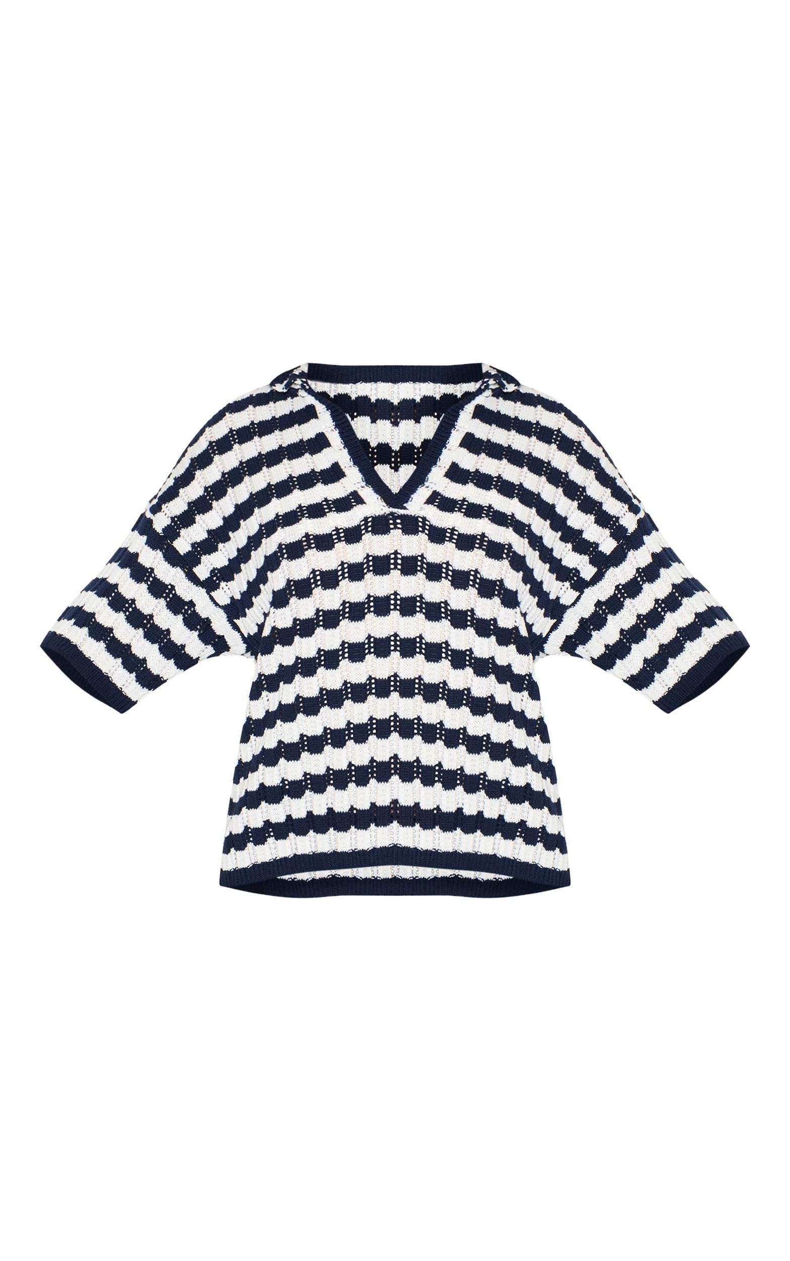  Navy Crochet Stripe Rugby Knit Top Product Image