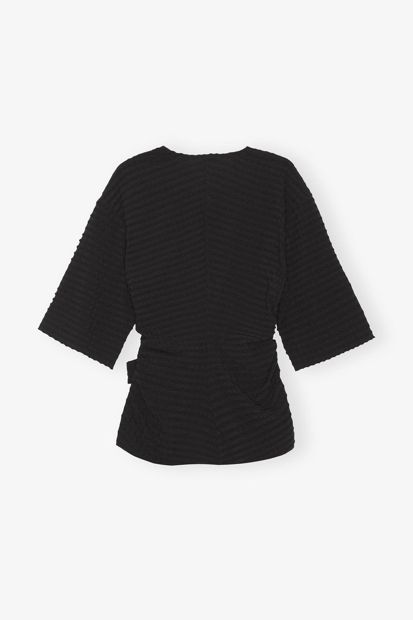 Black Stretch Seersucker Wrap Blouse Product Image