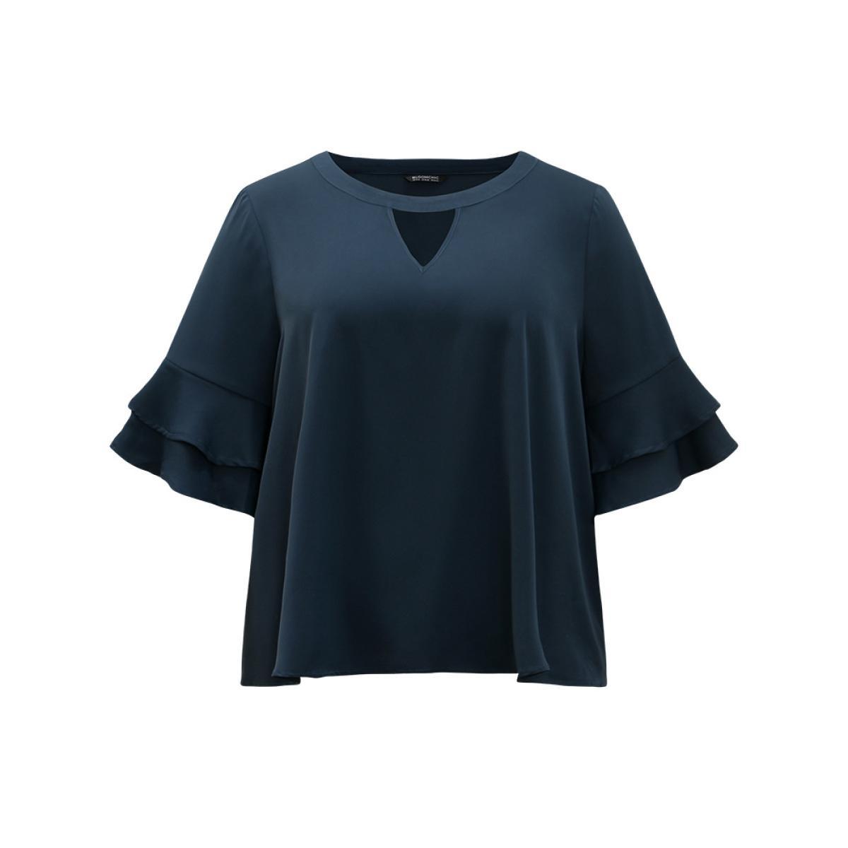 Plus Size Indigo Anti-Wrinkle Plain Keyhole Ruffle Layered Sleeve Blouse Women Office Half Sleeve Round Neck Work Blouses BloomChic 26/4X Product Image
