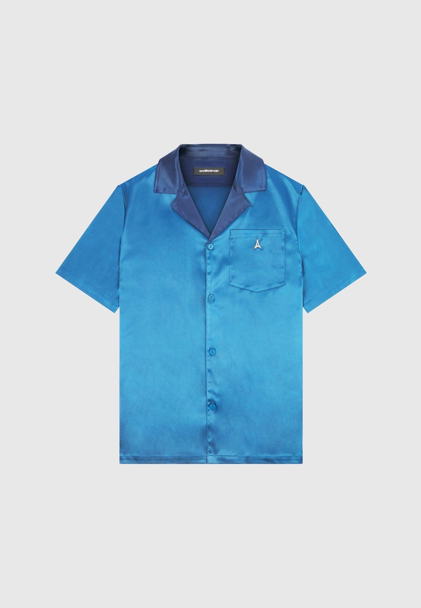 Satin Contrast Collar Shirt - Navy Male Product Image