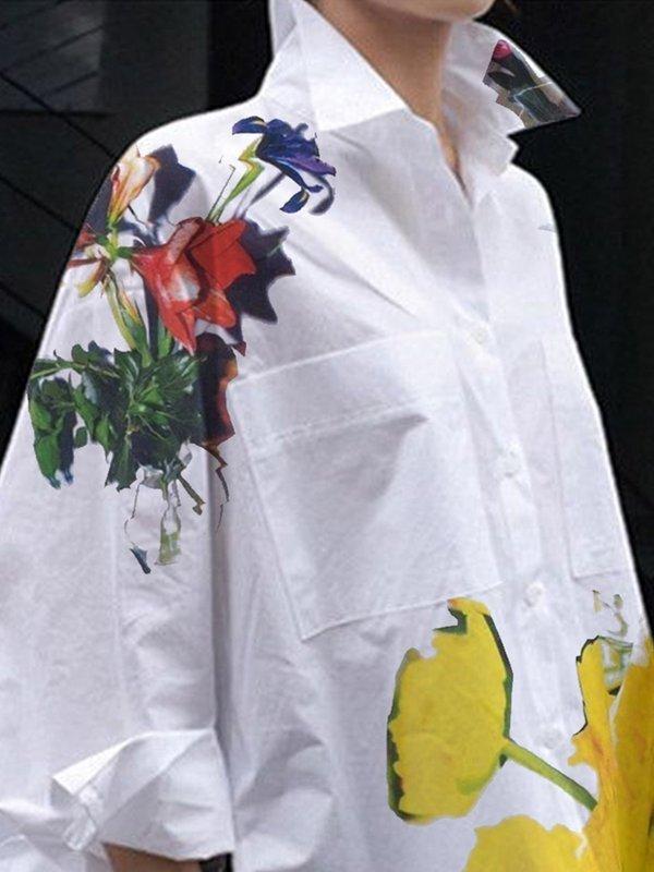 High-Low Long Sleeves Buttoned Flower Print Pockets Split-Side Stand Collar Blouses&Shirts Tops Product Image
