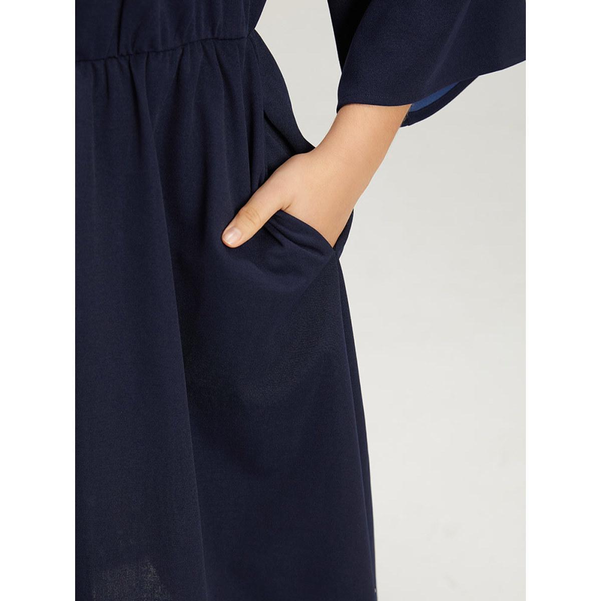 Plus Size Plain Keyhole Pocket Laser Cut Dress Navy Women Office Plain Notched collar Elbow-length sleeve Curvy Midi Dress BloomChic 18-20/2X Product Image