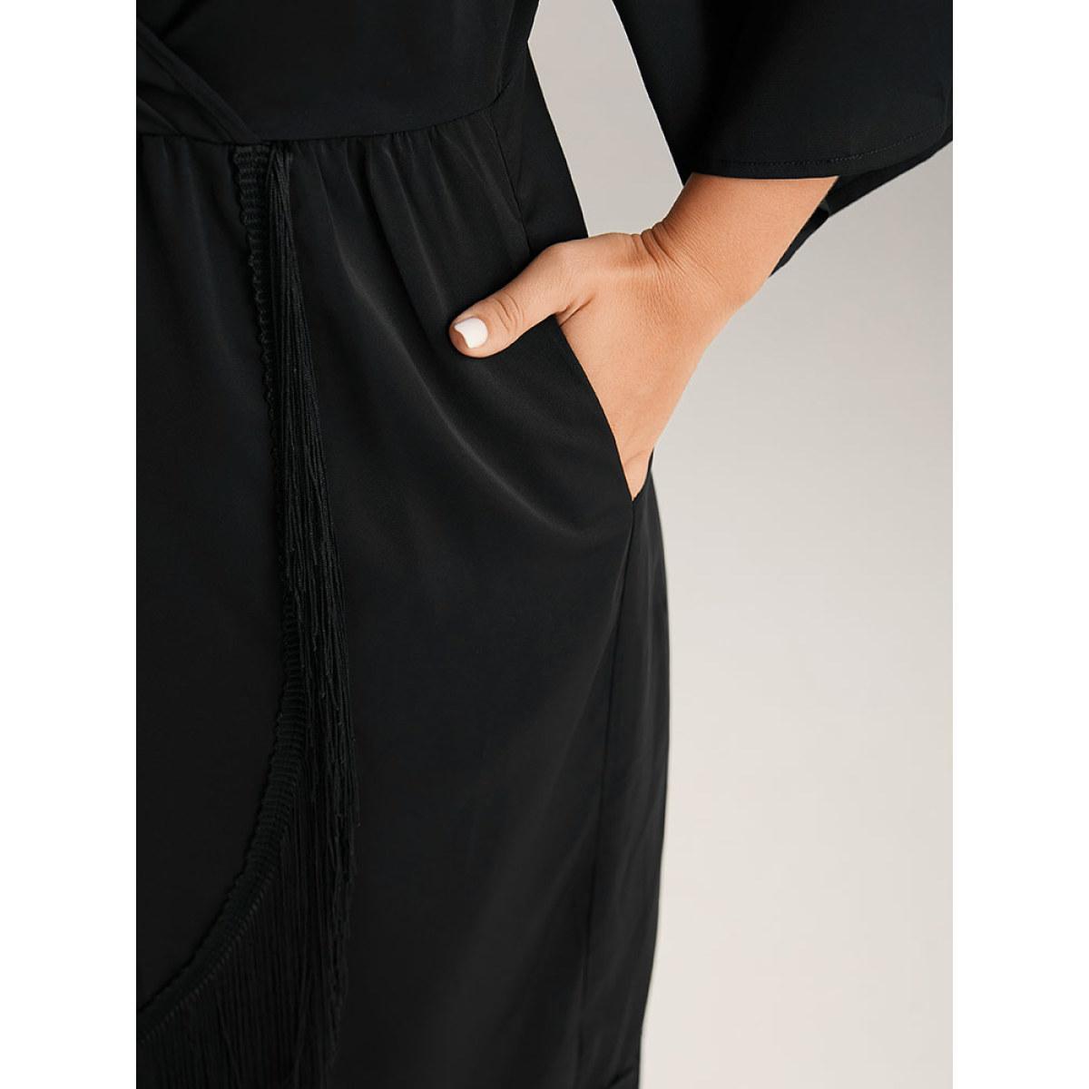 Plus Size Plain Wrap Tassel Trim Pleated Dress Black Women Cocktail Tassels V-neck Elbow-length sleeve Curvy Midi Dress BloomChic 10/M Product Image