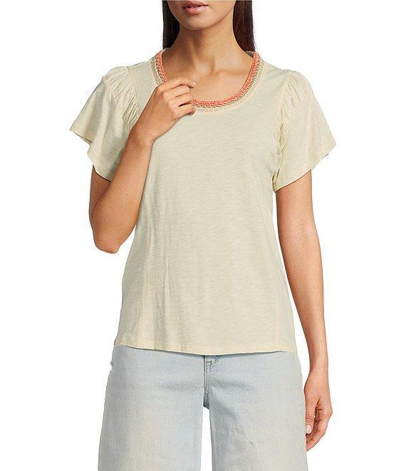 Democracy Contrast Crochet Scoop Neck Ruched Detail Short Sleeve Knit Top Product Image