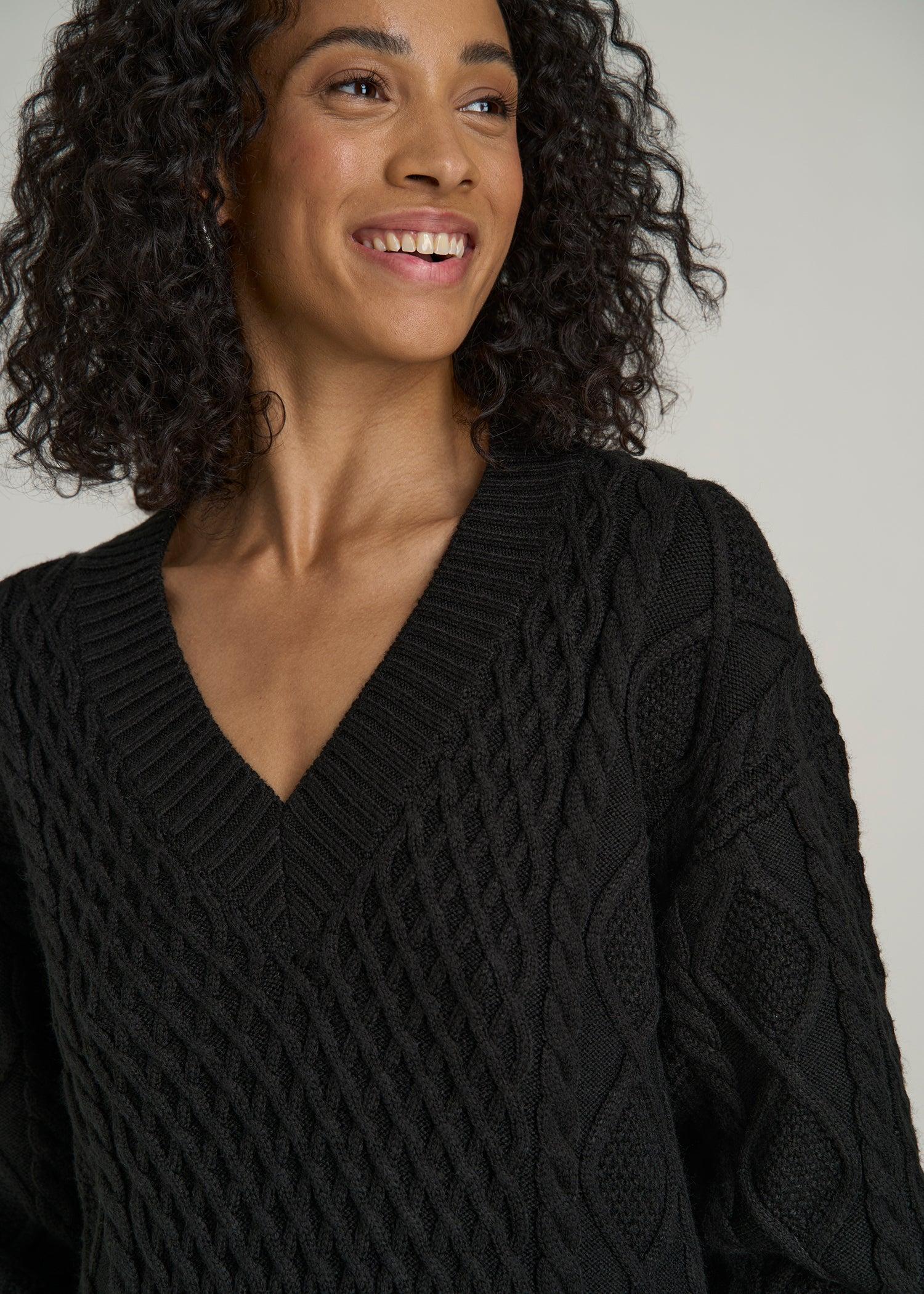 V Neck Cashmere Blend Cable Knit Women's Tall Sweater in Black Product Image
