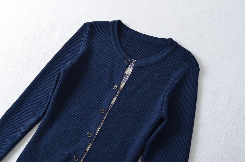 Mock Two-Piece Long-Sleeve Crew Neck Plaid Panel Button Ribbed Knit Top Product Image
