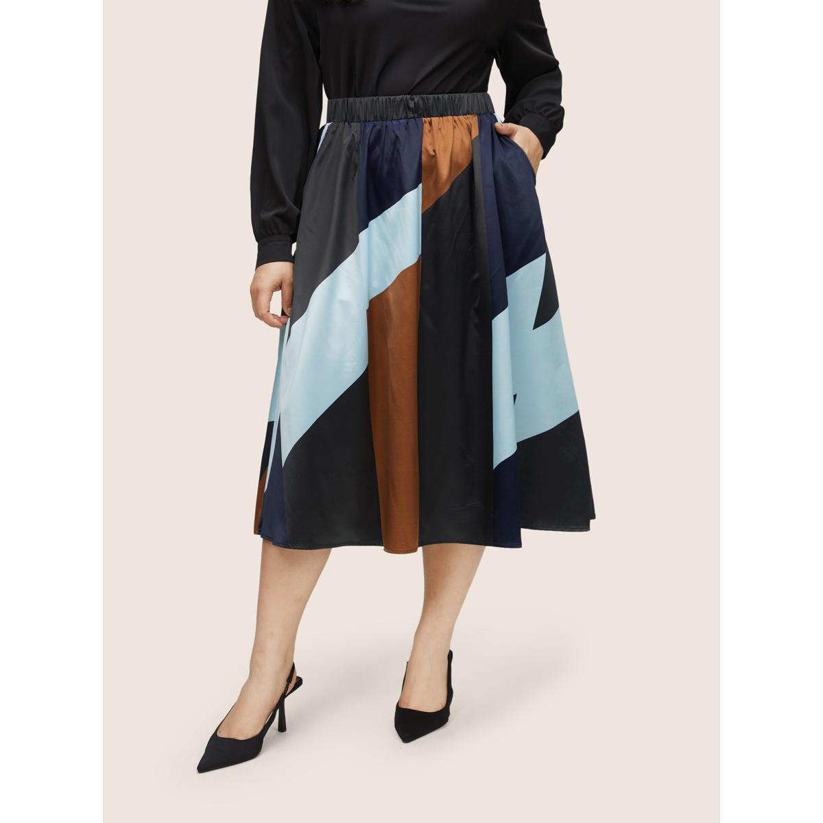 Plus Size Colorblock Contrast Pocket Cropped Skirt Women Multicolor At the Office Non No stretch Slanted pocket Work Skirts BloomChic 22-24/3X Product Image