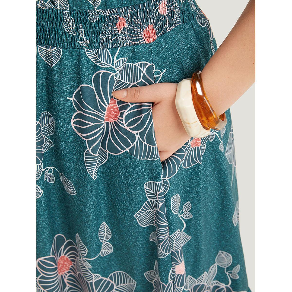 Plus Size Floral Print Shirred Overlap Collar Drawstring Dress Teal Women Vacation Printed V-neck Short sleeve Curvy Midi Dress BloomChic 22-24/3X Product Image
