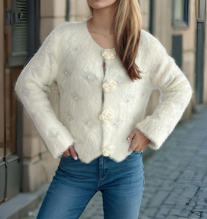 Flower Detail Faux Pearl Cardigan Product Image