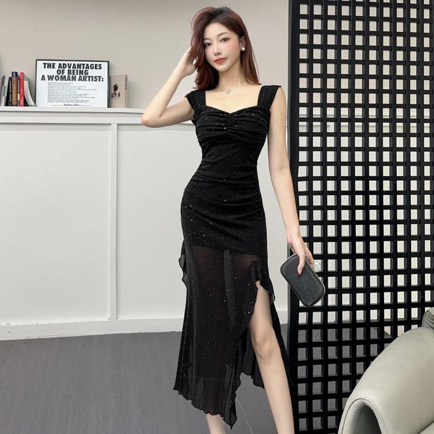 Sleeveless V-Neck Sheer Asymmetrical Midi Mermaid Dress Product Image