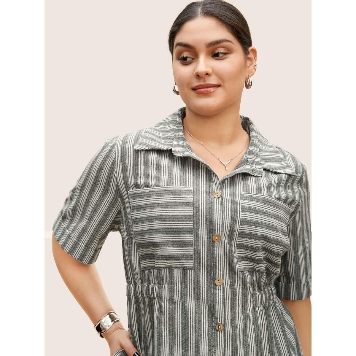 Plus Size Striped Button Up Patched Pocket Short Dress Mediumgray Women Work From Home Gathered Shirt collar Half Sleeve Curvy BloomChic 22-24/3X Product Image