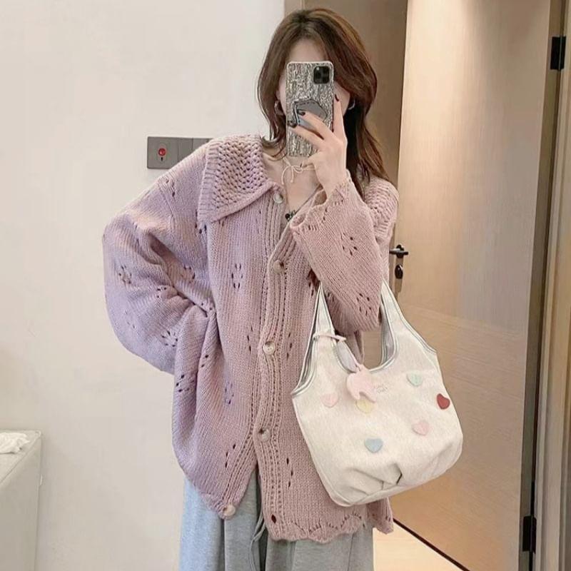 Collar Plain Pointelle Knit Oversized Cardigan Product Image