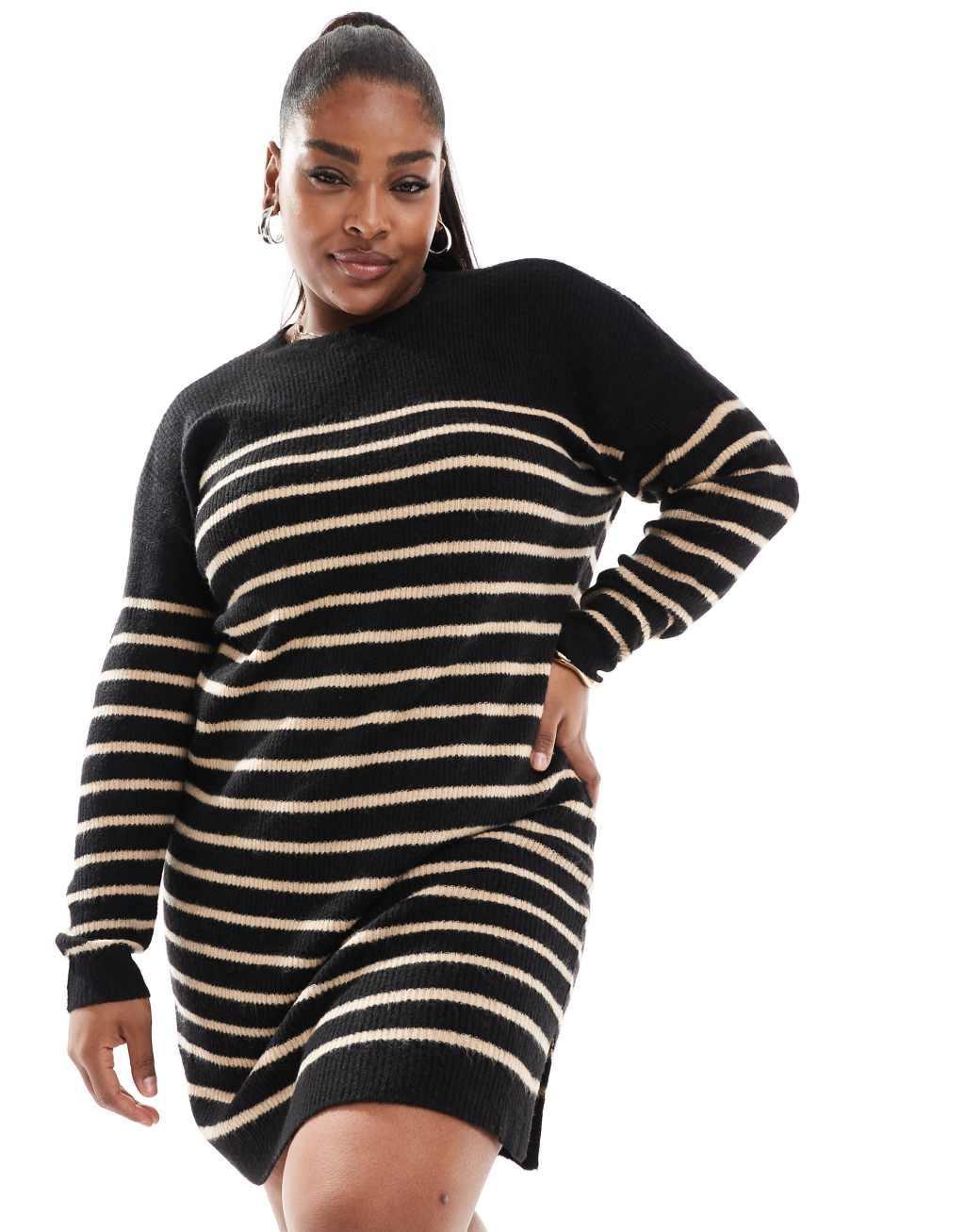 Yours stripe mini sweater dress in black and neutral Product Image