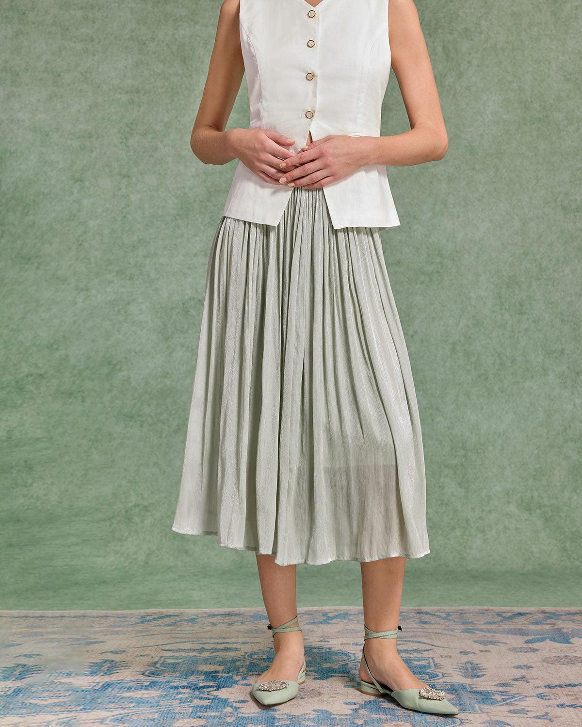 Green Ruched Flowy Pleated Midi Skirt Product Image