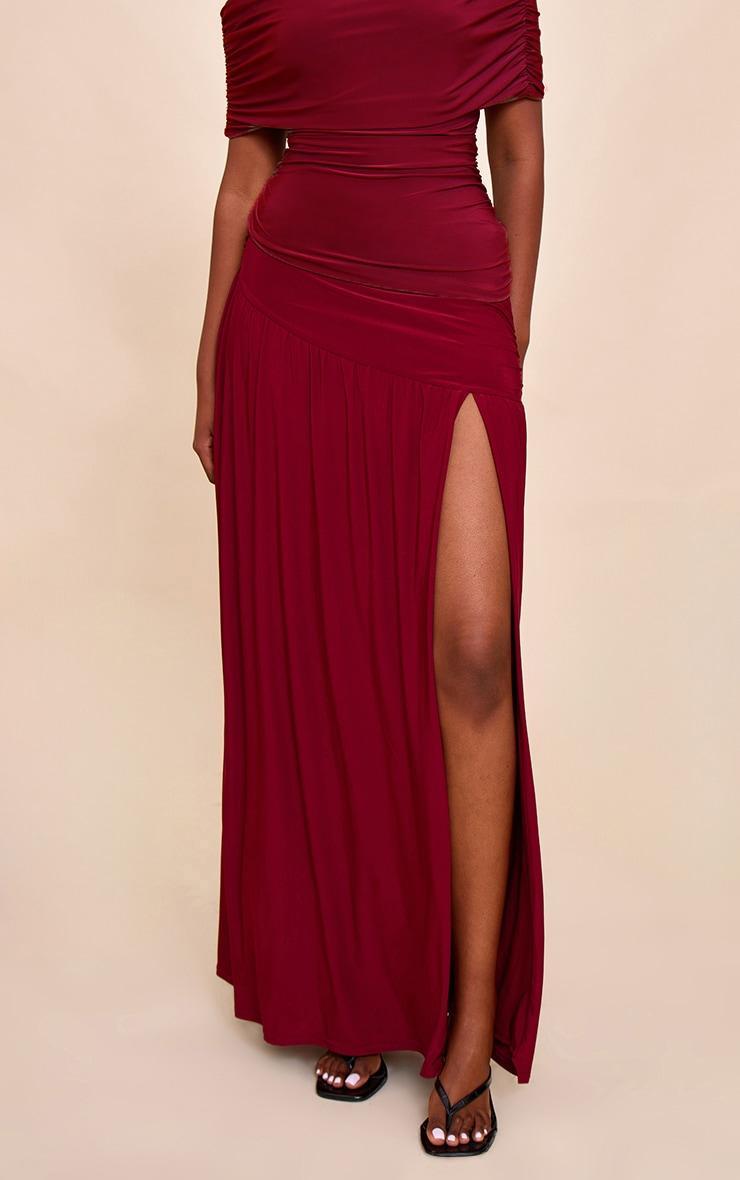 Deep Red Double Layer Slinky Drop Waist Slit Maxi Skirt Product Image