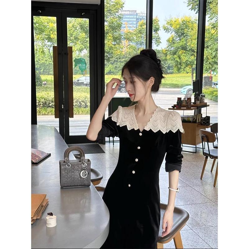 Long Sleeve V-Neck Two Tone Lace Panel Velvet Bodycon Midi Dress Product Image