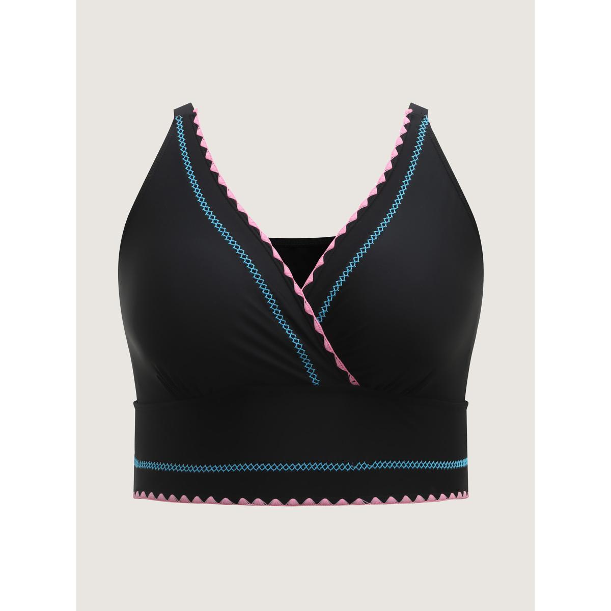 Plus Size Embroidered Color Contrast Swim Top Women's Swimwear Black Beach Contrast High stretch Skinny Overlap Collar Curve Swim Tops BloomChic 10/M Product Image